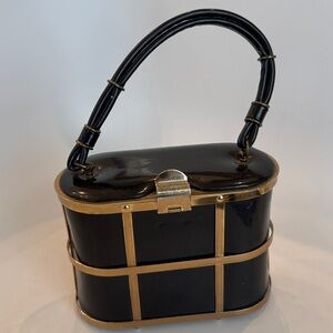Etra Vintage Black Vinyl & Gold Brass Frame Box Purse